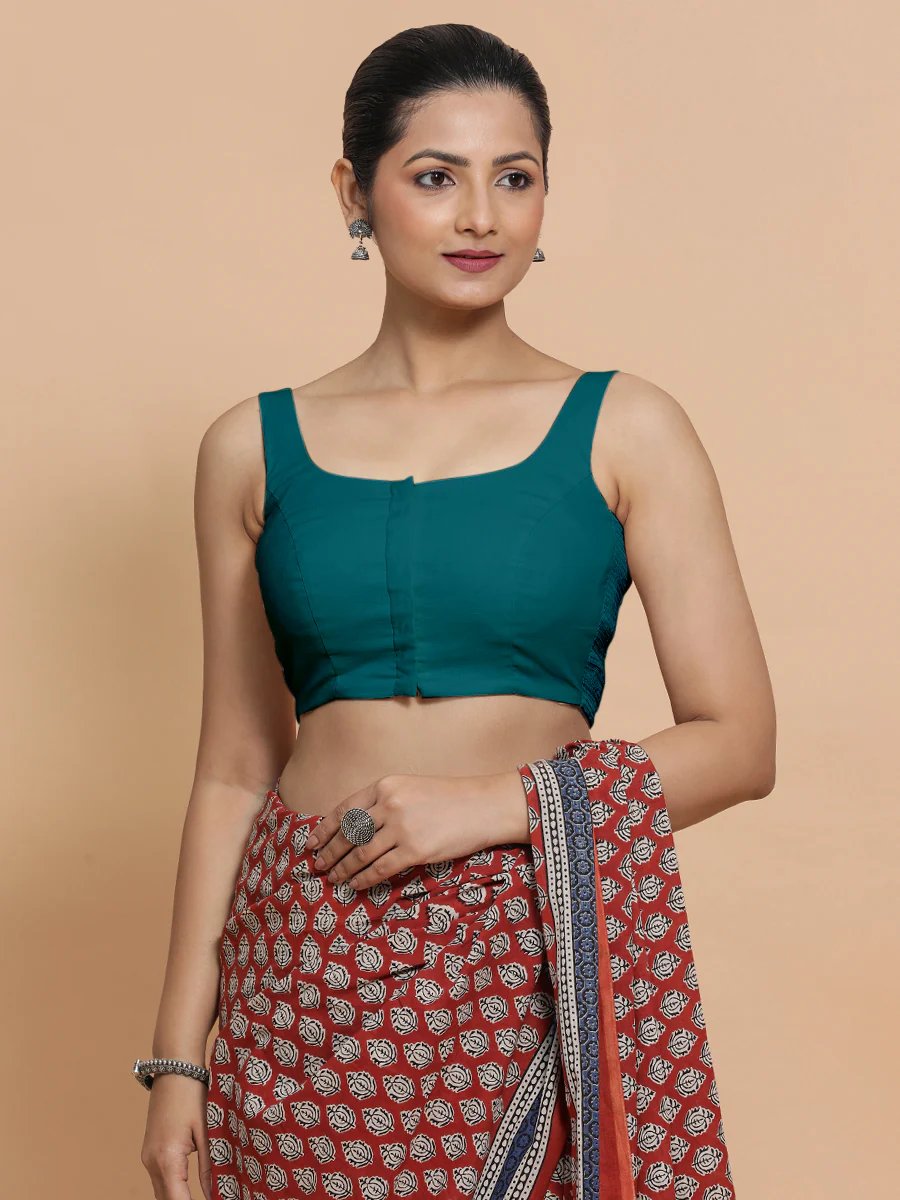 Nisha x Rozaana | Sleeveless Saree Blouse in Teal Blue Linen - Image 5