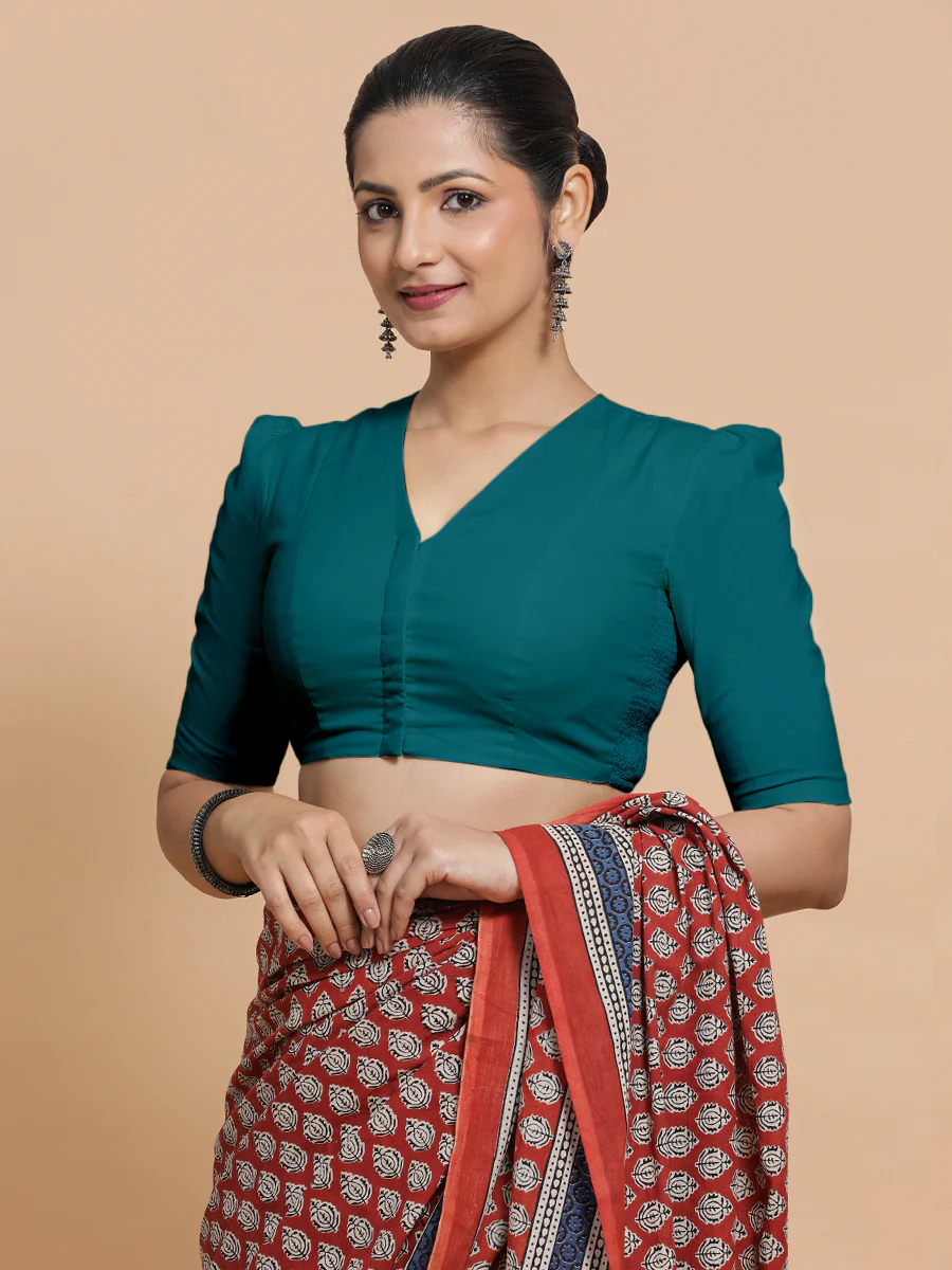 Rima x Rozaana | Puff Sleeves Saree Blouse in Teal Blue Linen - Image 8