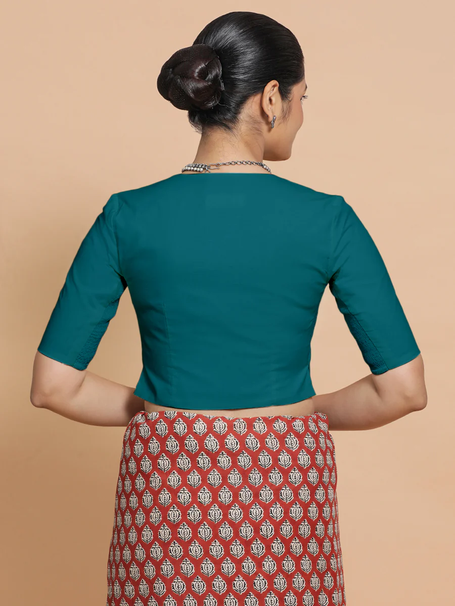 Rini x Rozaana | Elbow Sleeves Saree Blouse in Teal Blue Linen - Image 2