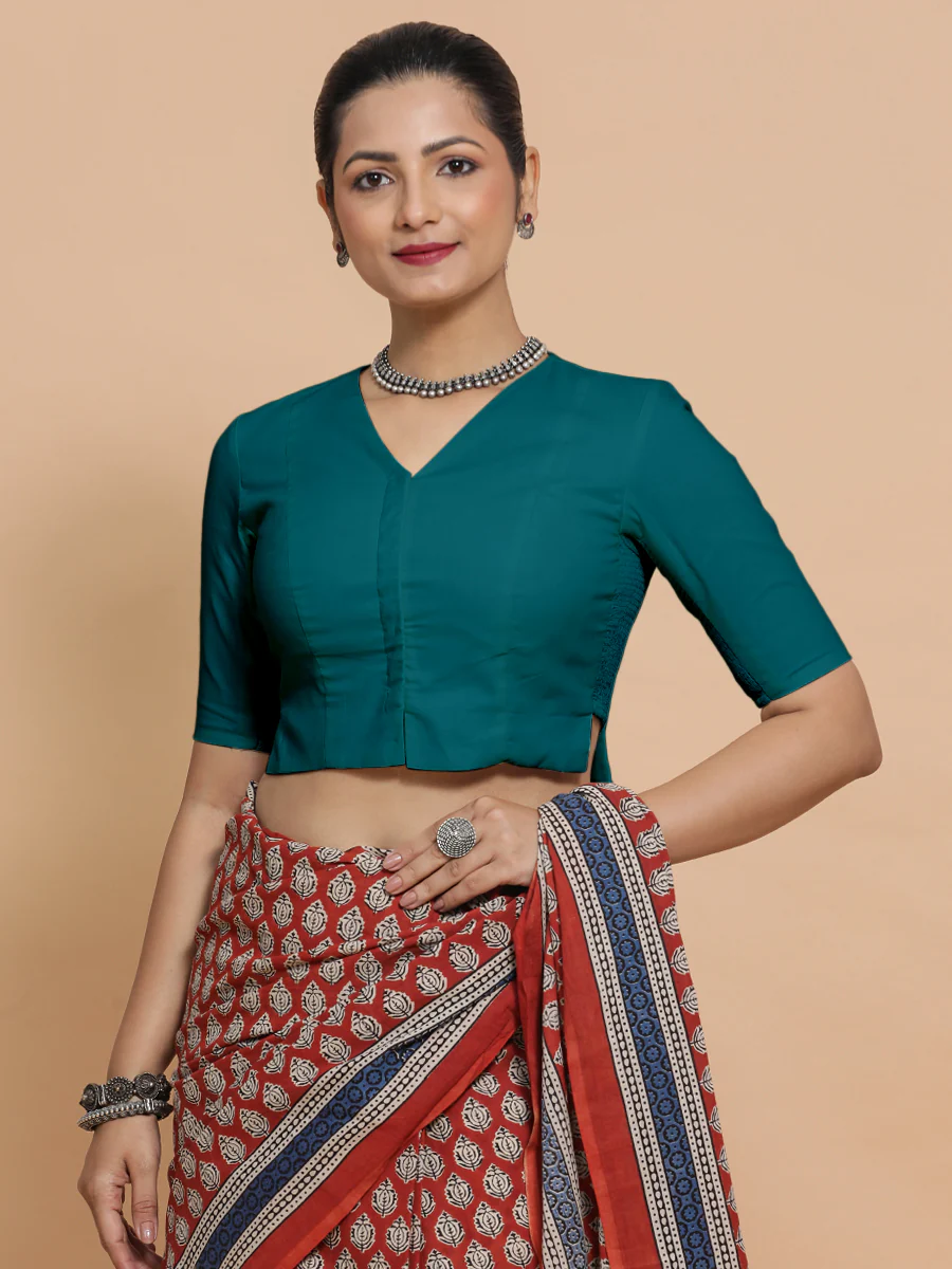 Rini x Rozaana | Elbow Sleeves Saree Blouse in Teal Blue Linen - Image 8