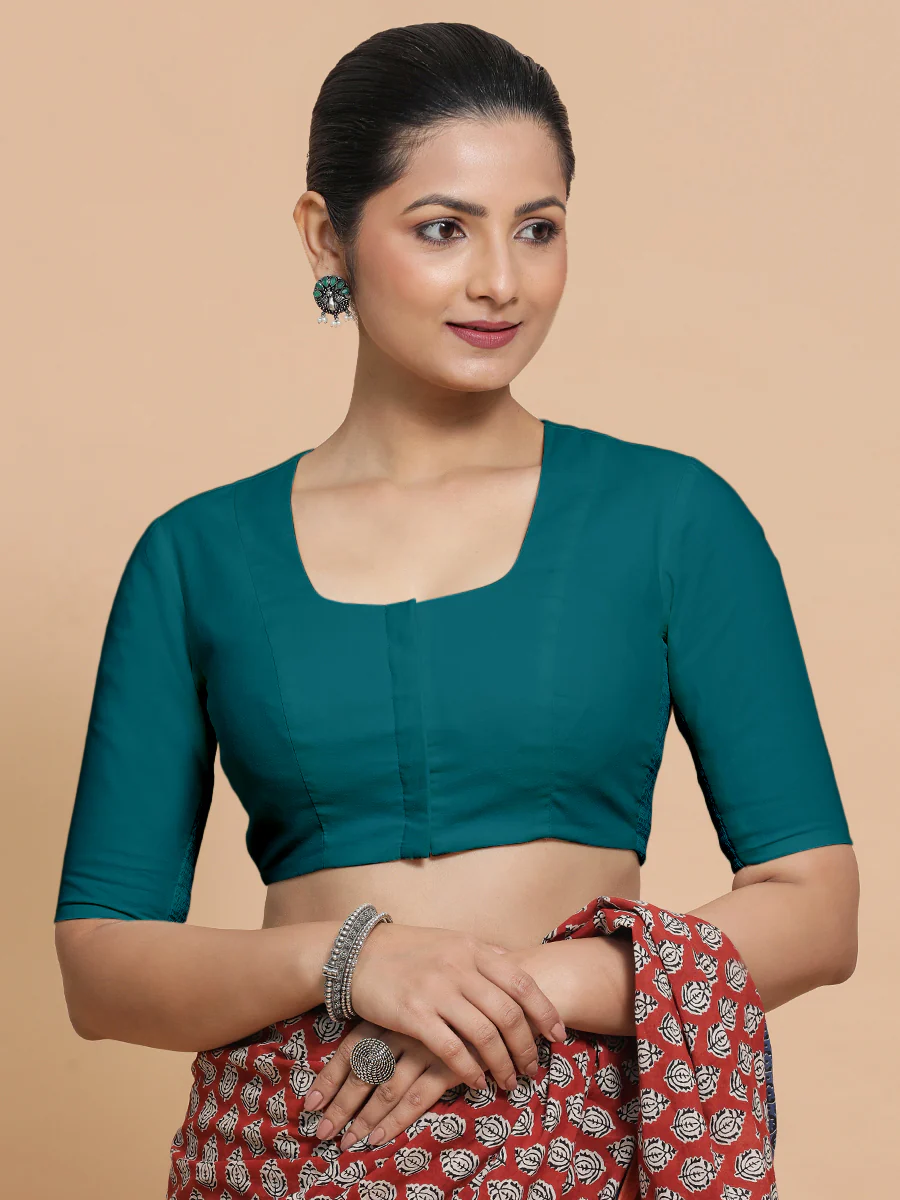 Sadia x Rozaana | Elbow Sleeves Saree Blouse in Teal Blue Linen - Image 12
