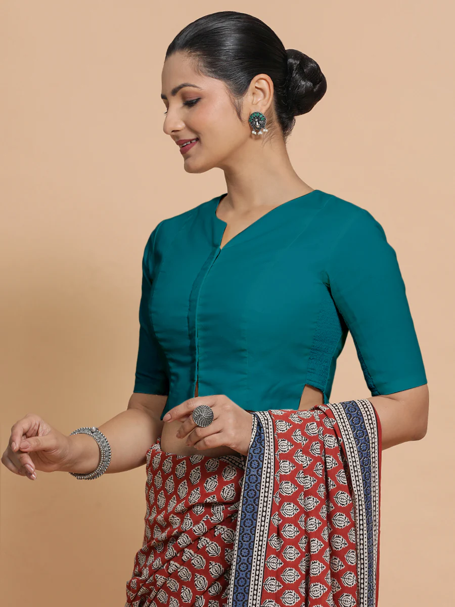Seema x Rozaana | Elbow Sleeves Saree Blouse in Teal Blue Linen