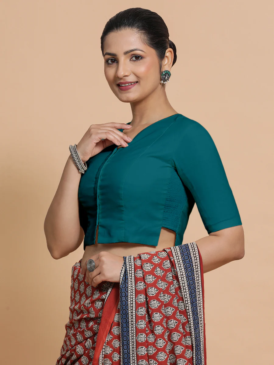 Seema x Rozaana | Elbow Sleeves Saree Blouse in Teal Blue Linen - Image 11