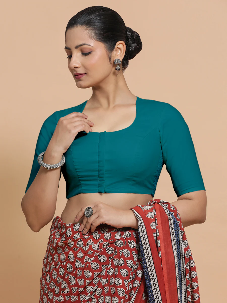 Shifa x Rozaana | Pot Neck Saree Blouse in Teal Blue Linen - Image 8