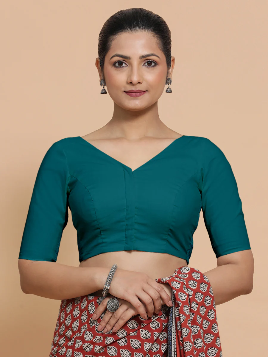 Sonia x Rozaana | Elbow Sleeves Saree Blouse in Teal Blue Linen