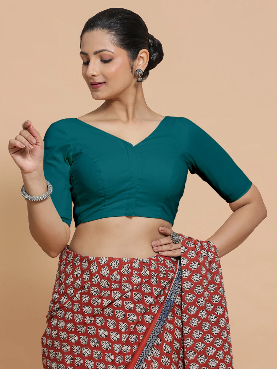 Sonia x Rozaana | Elbow Sleeves Saree Blouse in Teal Blue Linen - Image 10
