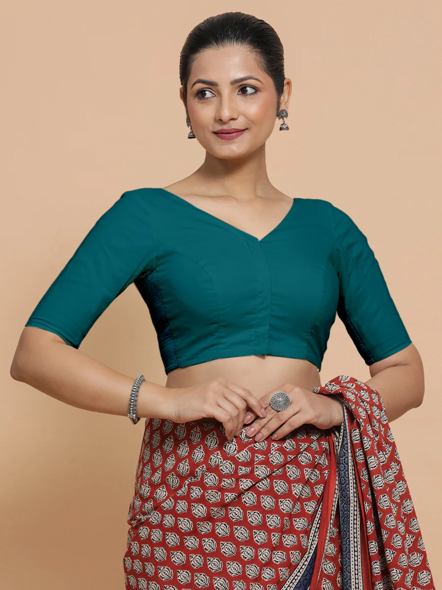 Sonia x Rozaana | Elbow Sleeves Saree Blouse in Teal Blue Linen - Image 11