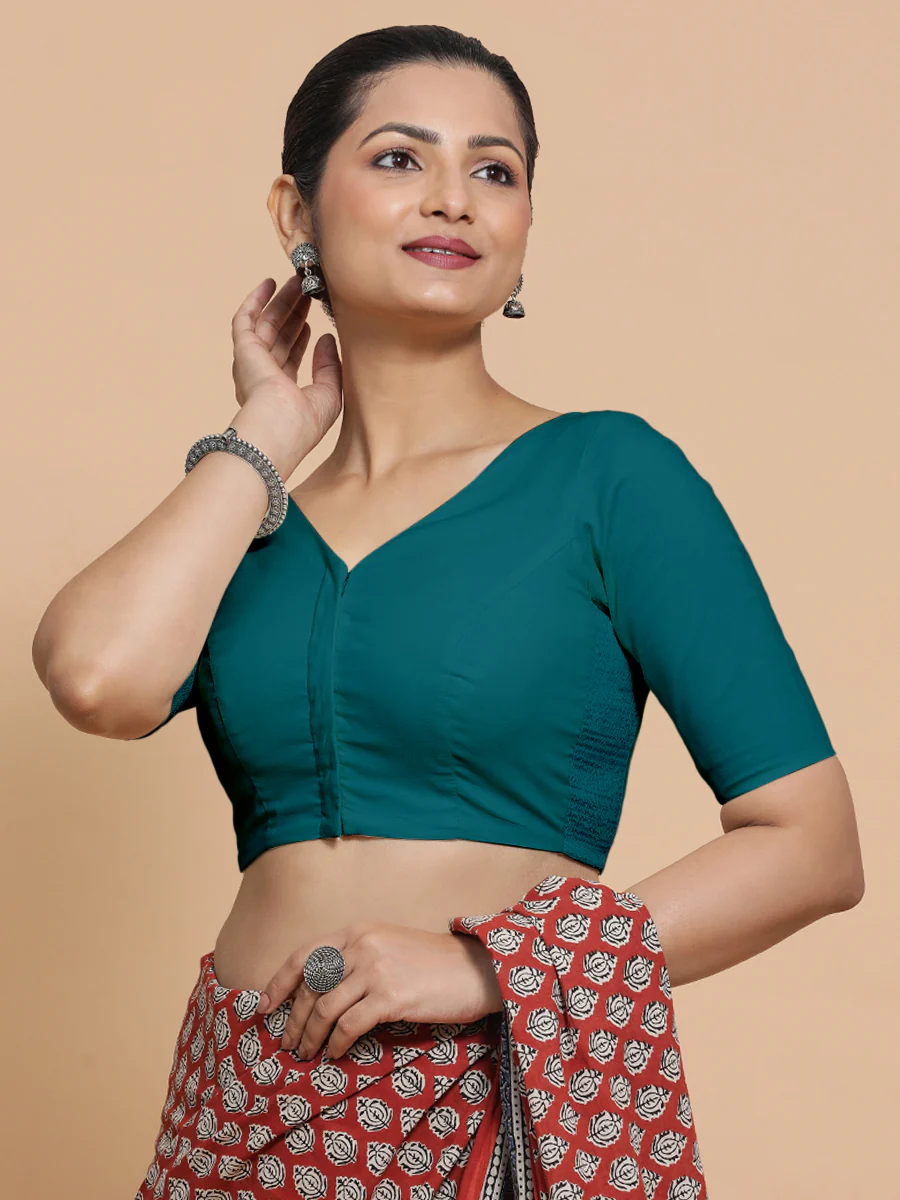 Sonia x Rozaana | Elbow Sleeves Saree Blouse in Teal Blue Linen - Image 12