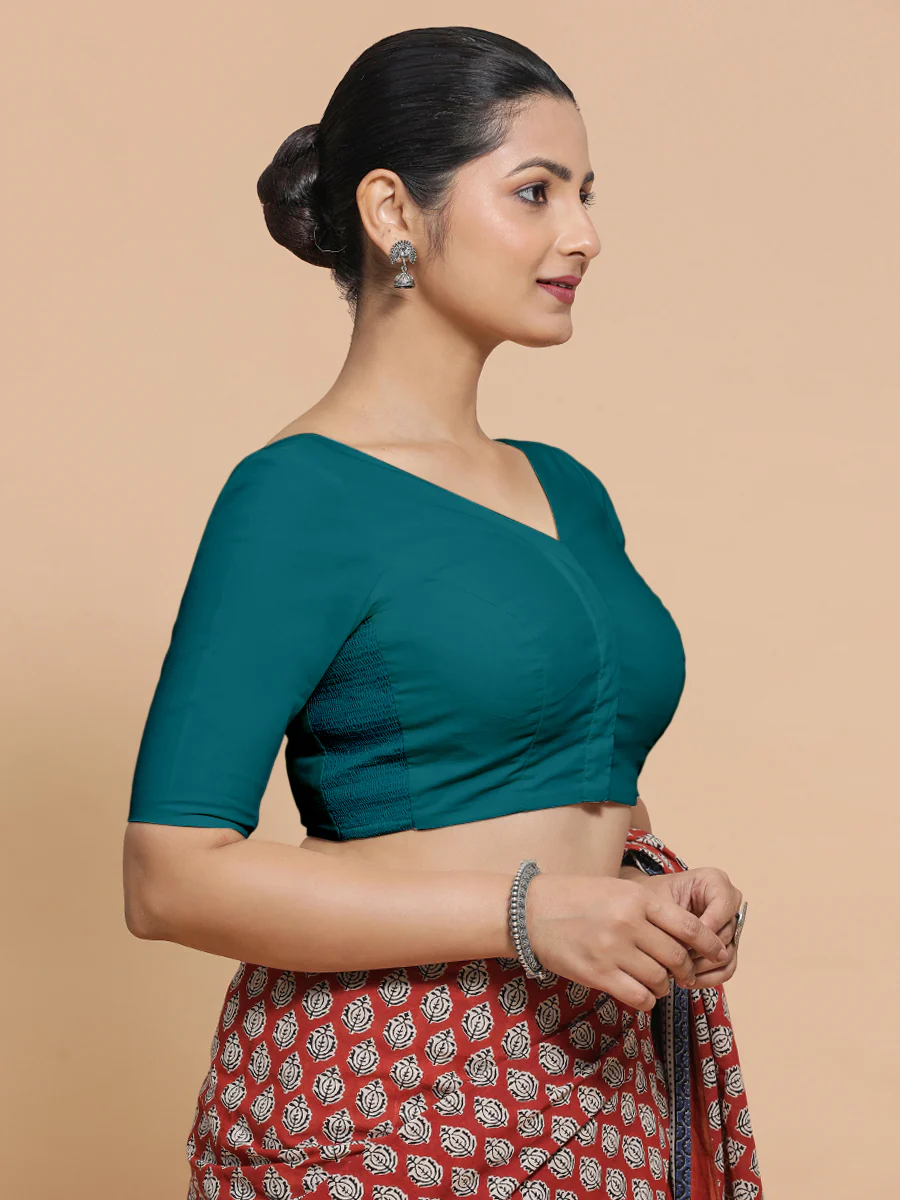 Sonia x Rozaana | Elbow Sleeves Saree Blouse in Teal Blue Linen - Image 8
