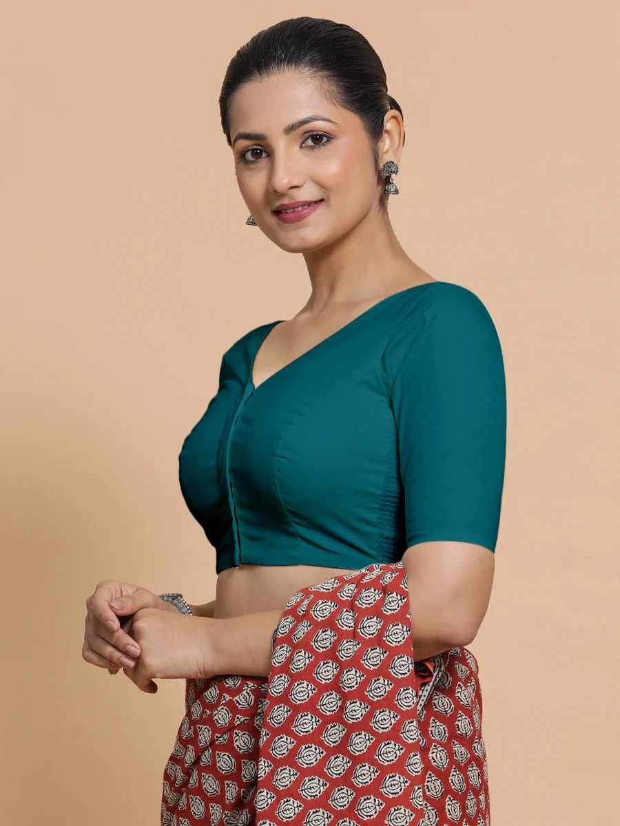 Sonia x Rozaana | Elbow Sleeves Saree Blouse in Teal Blue Linen - Image 9