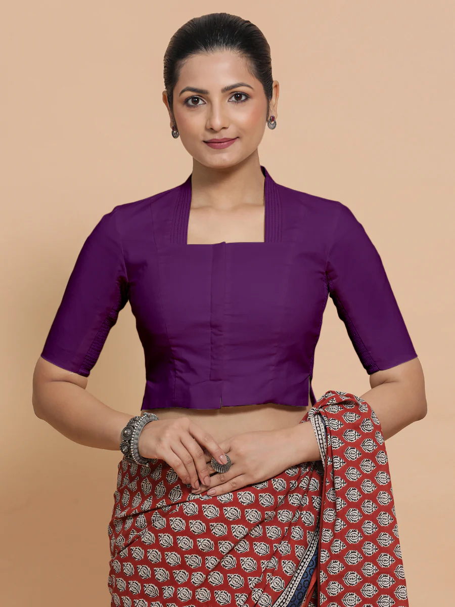 Ganga x Rozaana | Stylised Neck Magenta Bliss Plain Cotton Saree Blouse - Image 6