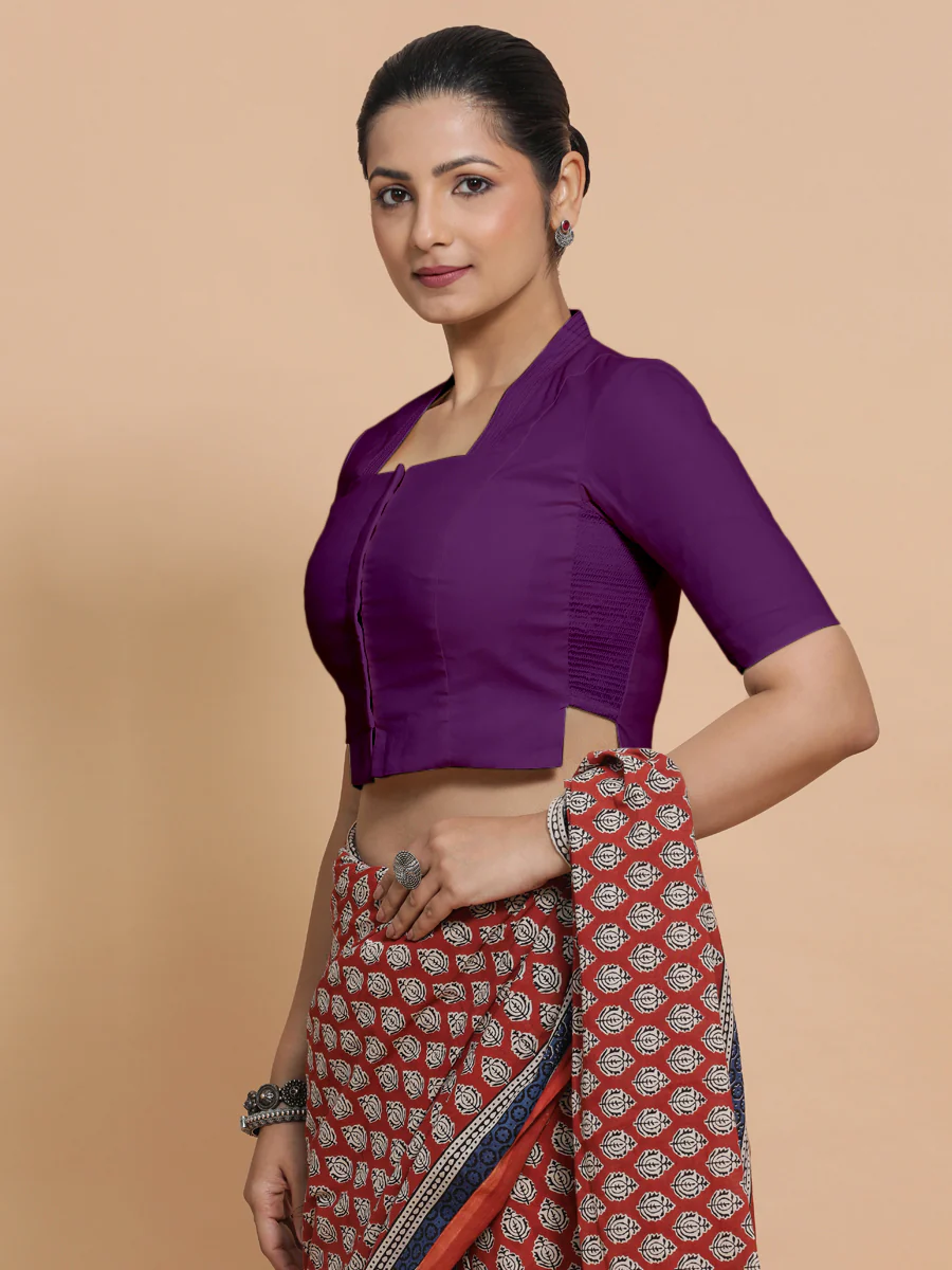 Ganga x Rozaana | Stylised Neck Magenta Bliss Plain Cotton Saree Blouse - Image 8