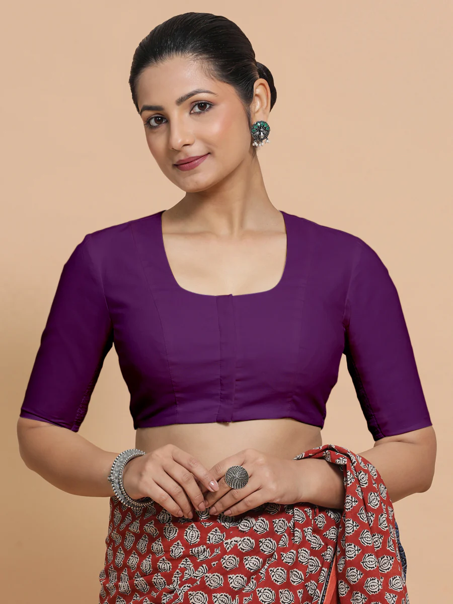 Koel x Rozaana | Round Neck Magenta Bliss Plain Cotton Saree Blouse - Image 9
