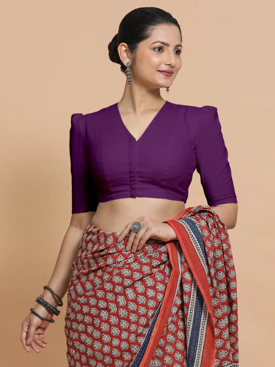 Kriti x Rozaana | V-Neck Magenta Bliss Plain Cotton Saree Blouse - Image 10