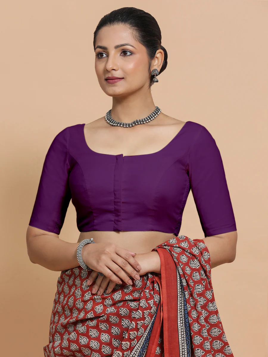 Lahari x Rozaana | Round Neck Magenta Bliss Plain Cotton Saree Blouse - Image 6