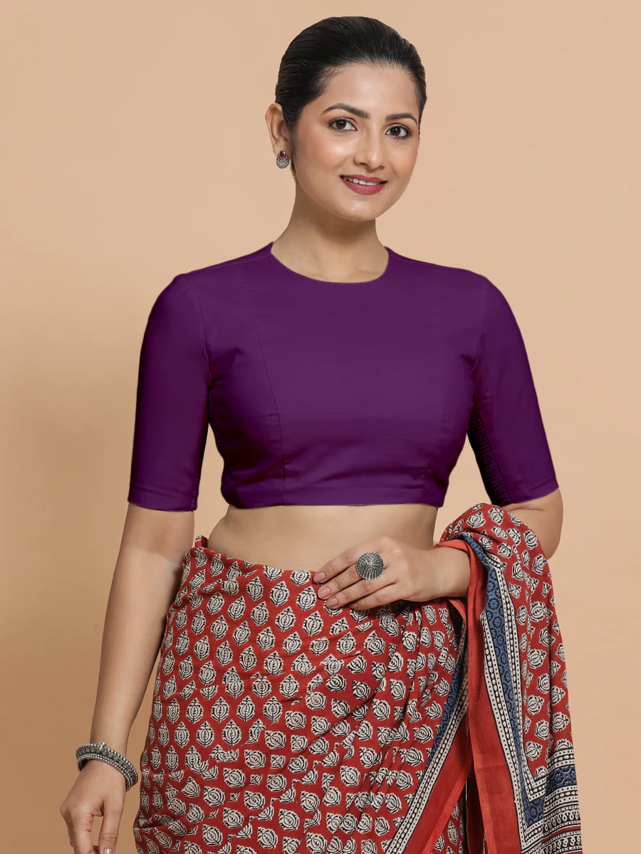 Suhana x Rozaana | Jewel Neck Magenta Bliss Plain Cotton Saree Blouse - Image 10