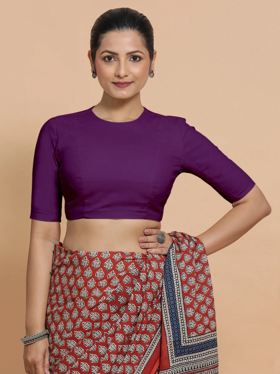 Suhana x Rozaana | Jewel Neck Magenta Bliss Plain Cotton Saree Blouse - Image 6