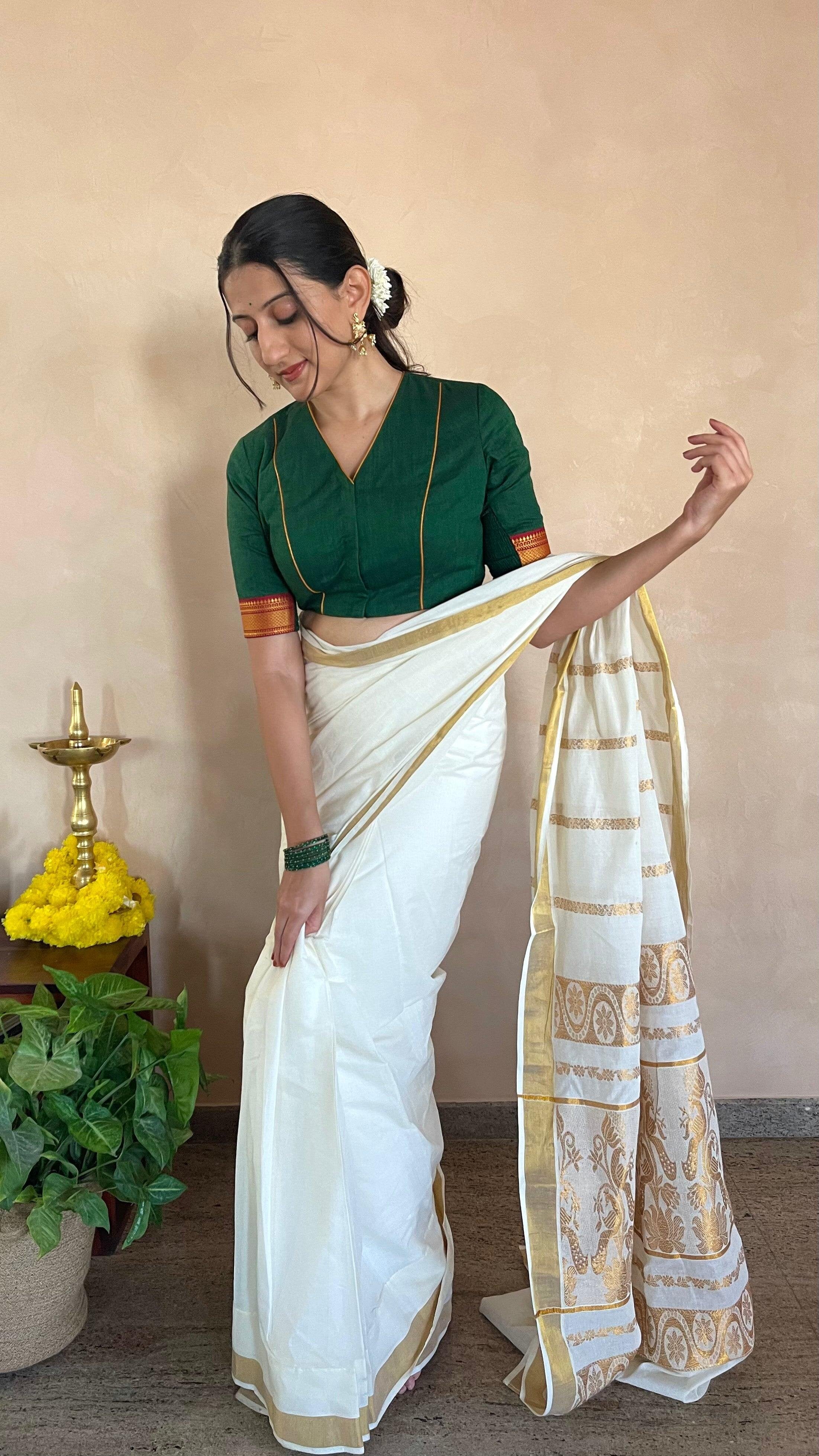 Nandini x Tyohaar | V Neck Closed Back Bottle Green Mangalgiri 100% Cotton Blouse with Zari Border - Image 4