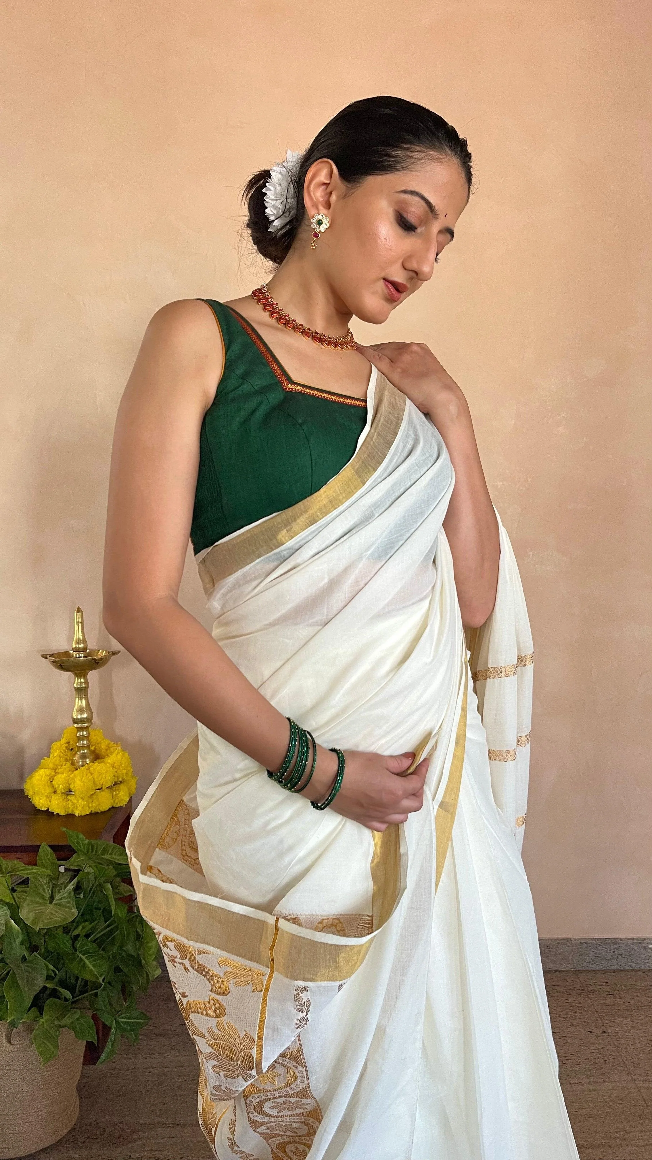 Amala x Tyohaar | Bottle Green Mangalgiri 100% Cotton Sleeveless Saree Blouse with Zari Border Detailing - Image 5