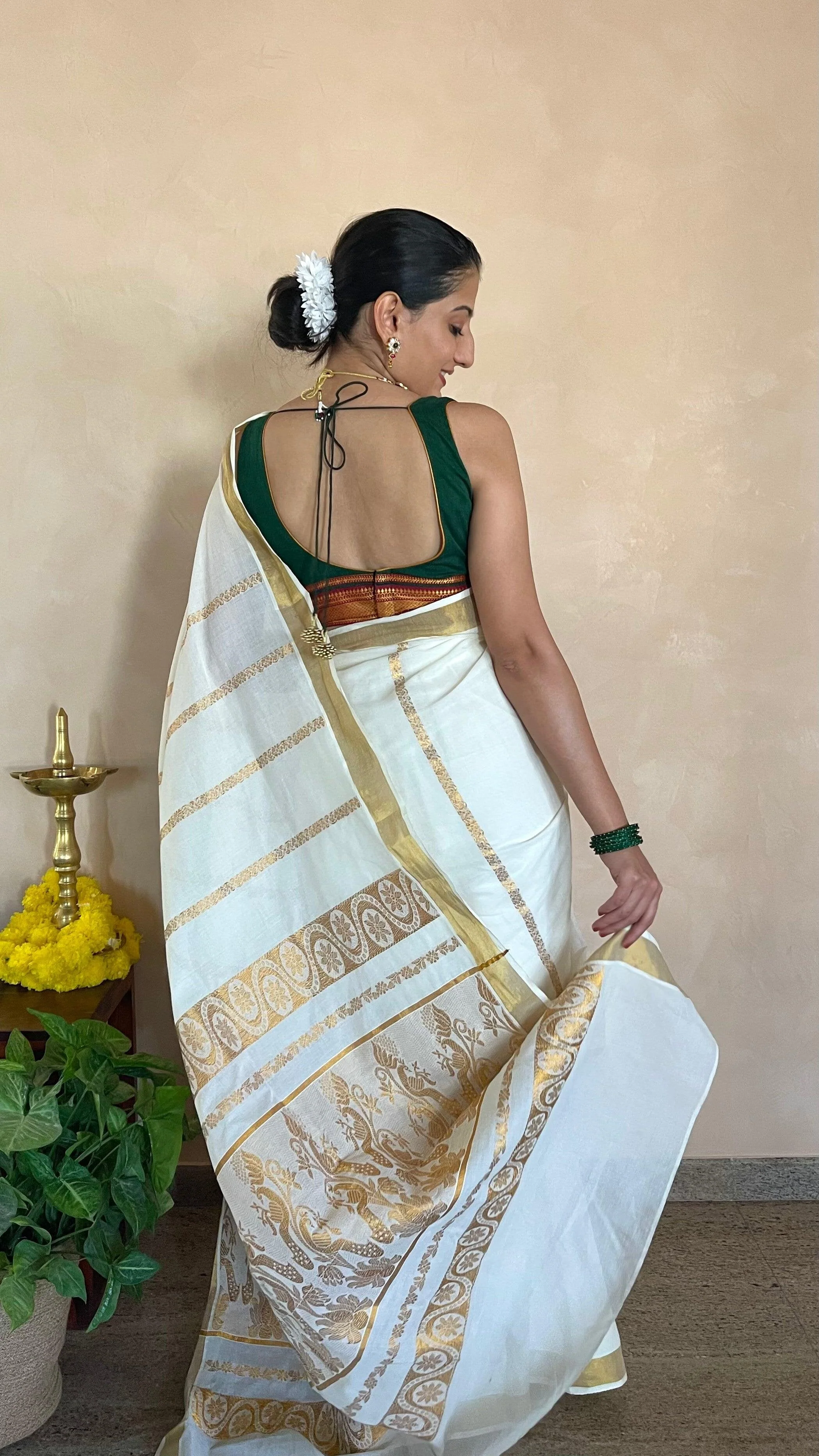 Amala x Tyohaar | Bottle Green Mangalgiri 100% Cotton Sleeveless Saree Blouse with Zari Border Detailing - Image 8
