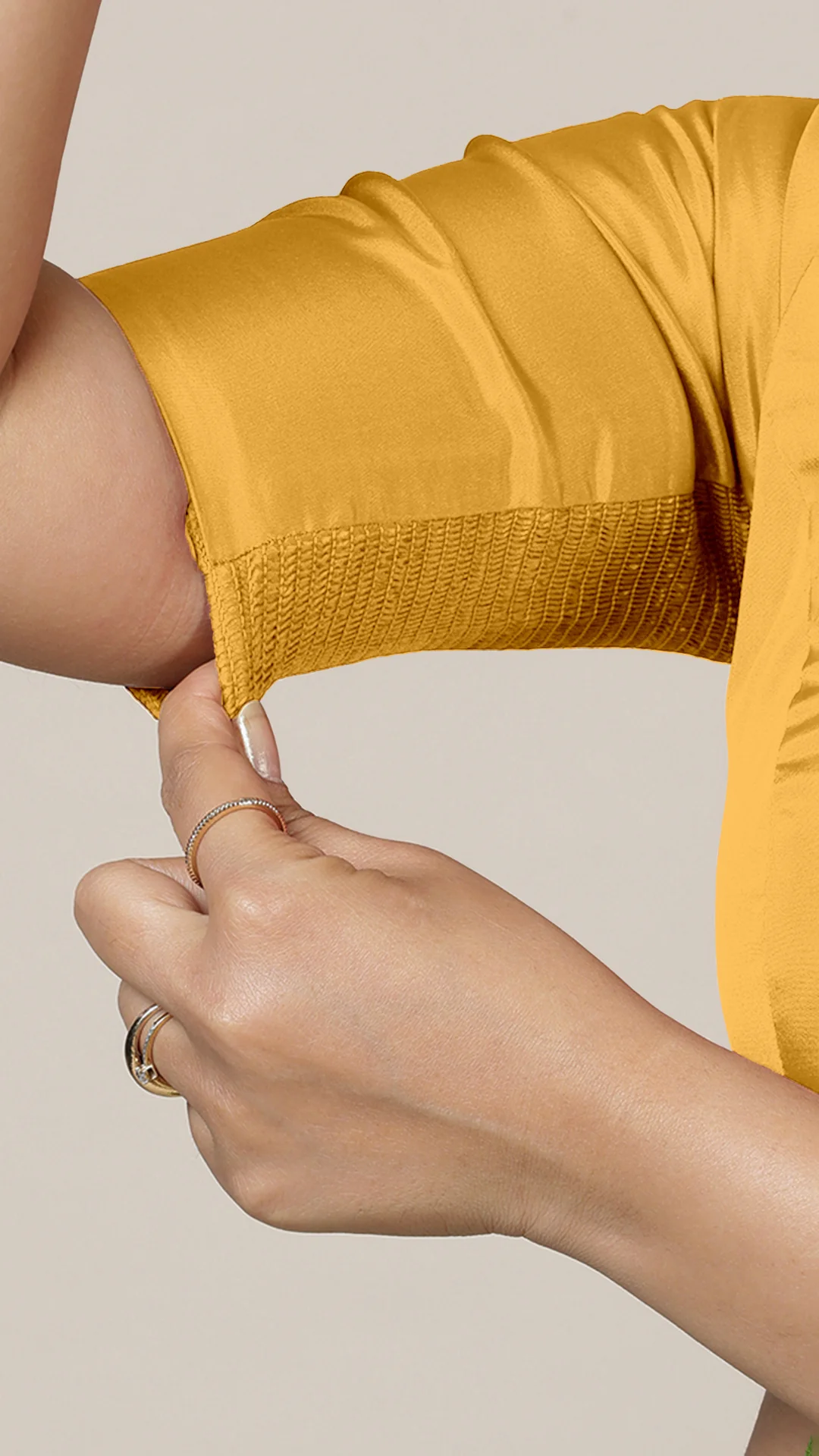 Anisha x Rozaana | Elbow Sleeves Marigold Yellow FlexiFit™ Saree Blouse with Round Neck - Image 4