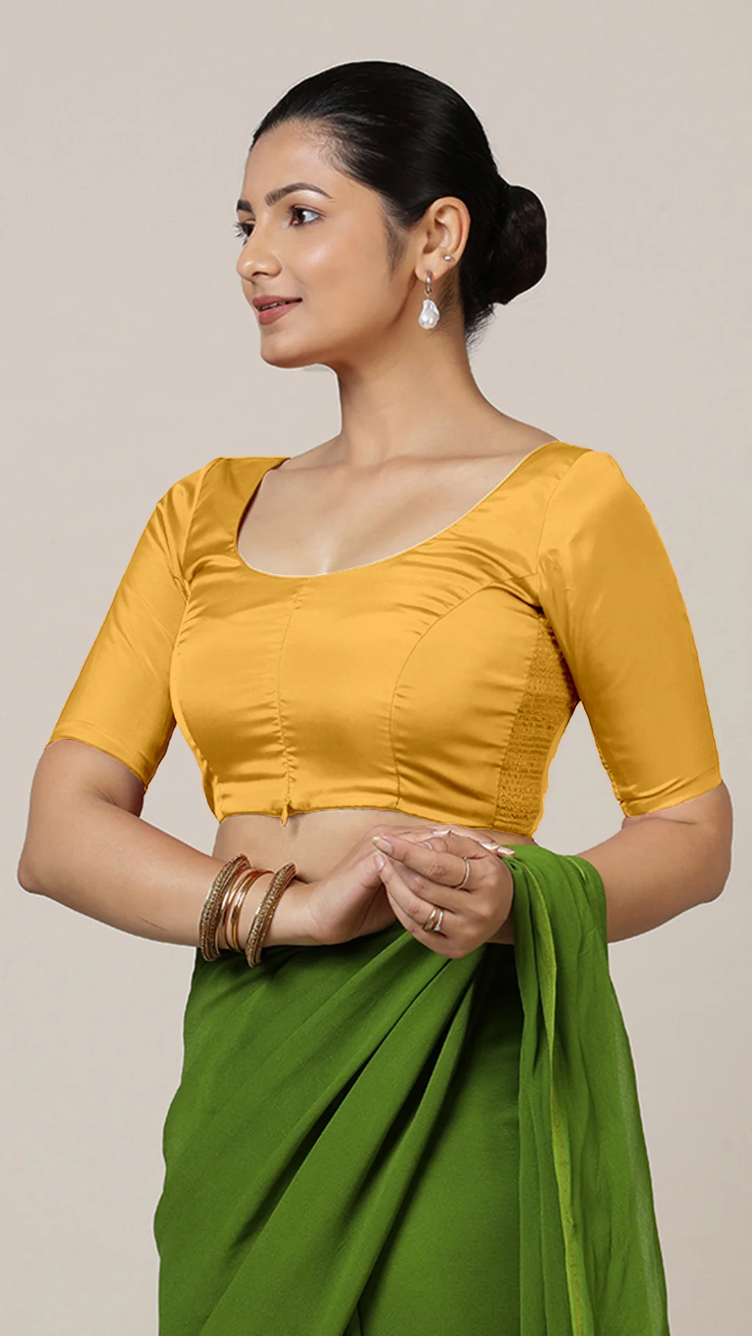 Anisha x Rozaana | Elbow Sleeves Marigold Yellow FlexiFit™ Saree Blouse with Round Neck - Image 7