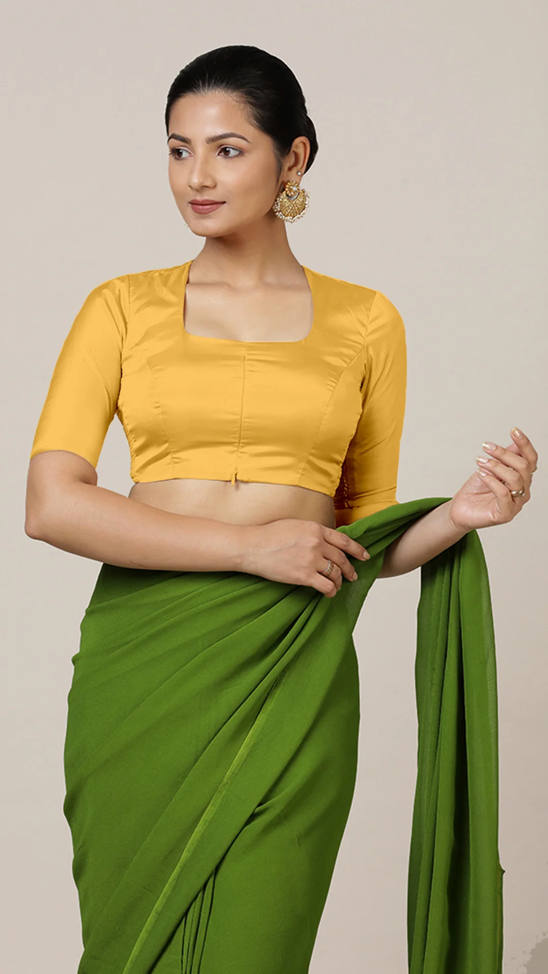 Aziza x Rozaana | Elbow Sleeves Marigold Yellow FlexiFit™ Saree Blouse with Square Neck