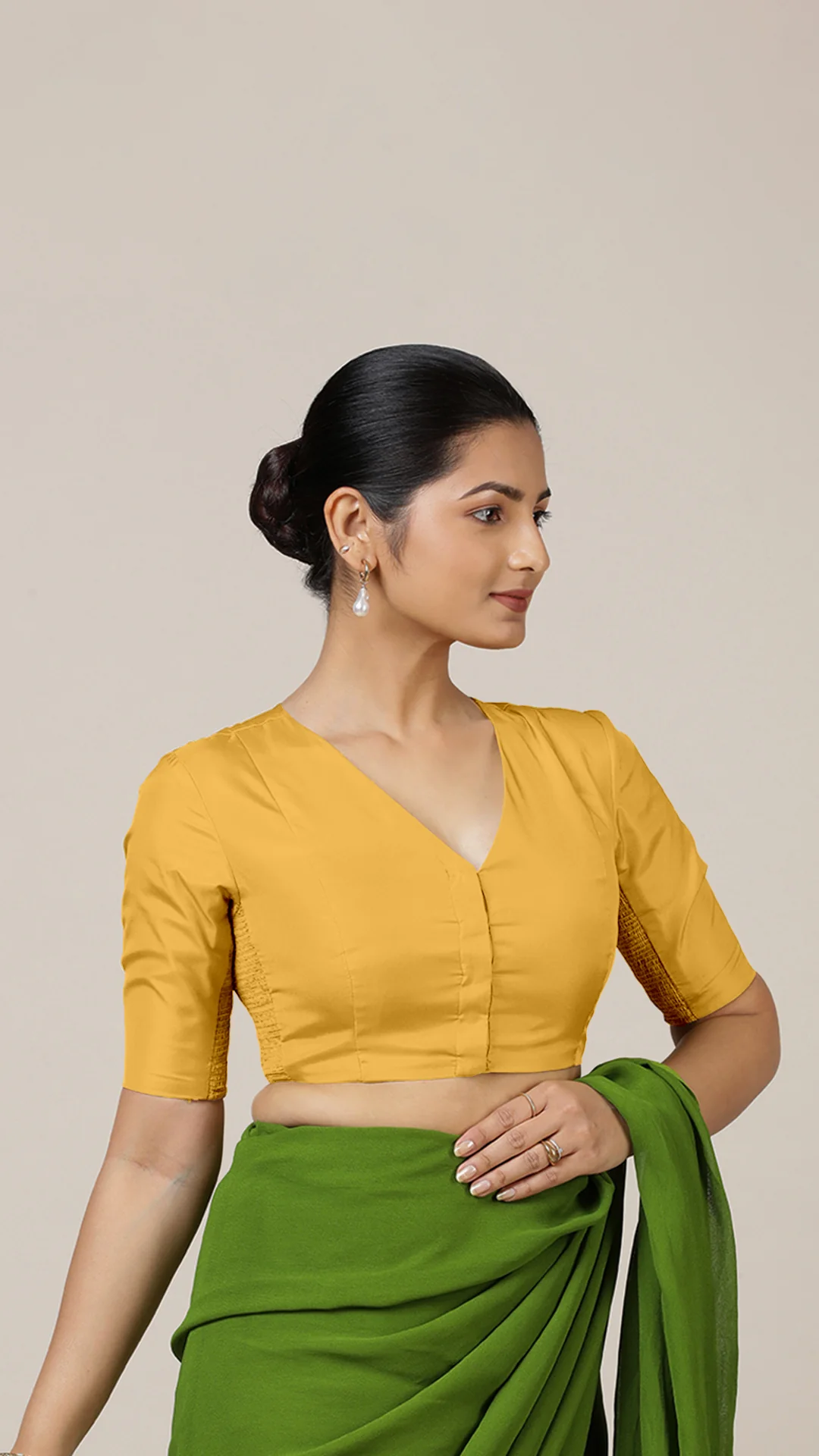 Begum x Rozaana | Elbow Sleeves Marigold Yellow FlexiFit™ Saree Blouse with V-Neck - Image 5