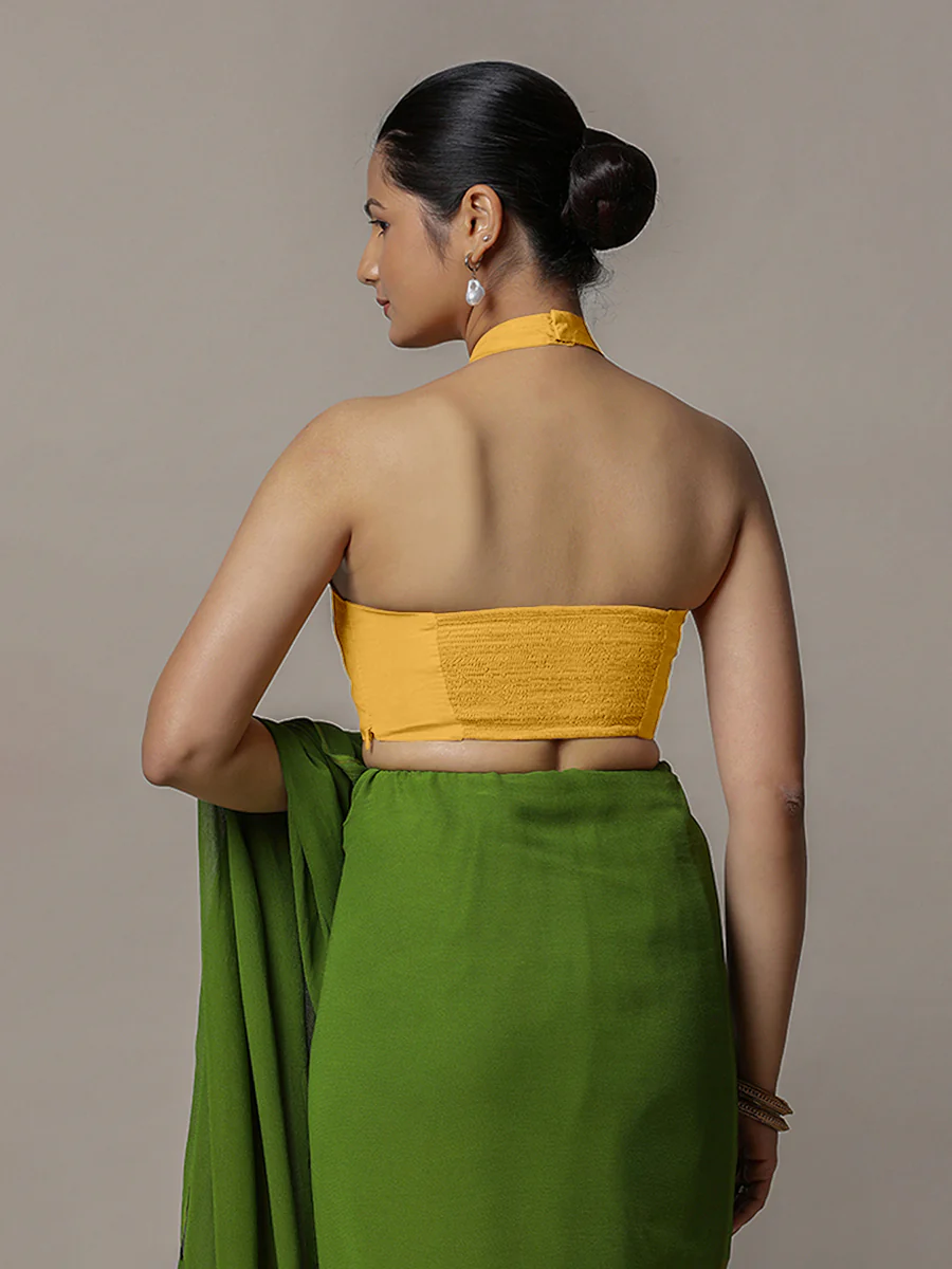 Laila x Rozaana | Sleeveless Marigold Yellow FlexiFit™ Saree Blouse with Halter Neck - Image 2