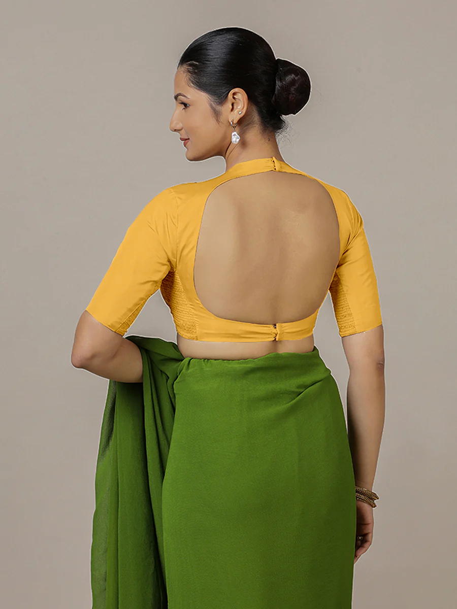 Myra x Rozaana | Elbow Sleeves Marigold Yellow FlexiFit™ Saree Blouse with Jewel Neck - Image 2