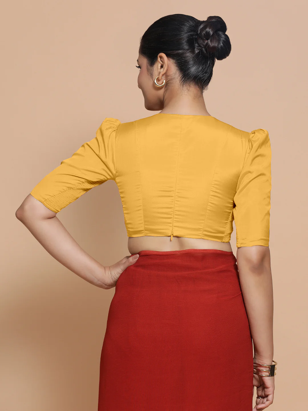 Pavani x Rozaana | Puff Sleeves Marigold Yellow FlexiFit™ Saree Blouse with V-Neck - Image 2