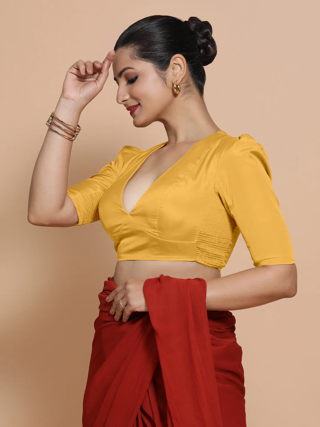 Pavani x Rozaana | Puff Sleeves Marigold Yellow FlexiFit™ Saree Blouse with V-Neck - Image 4