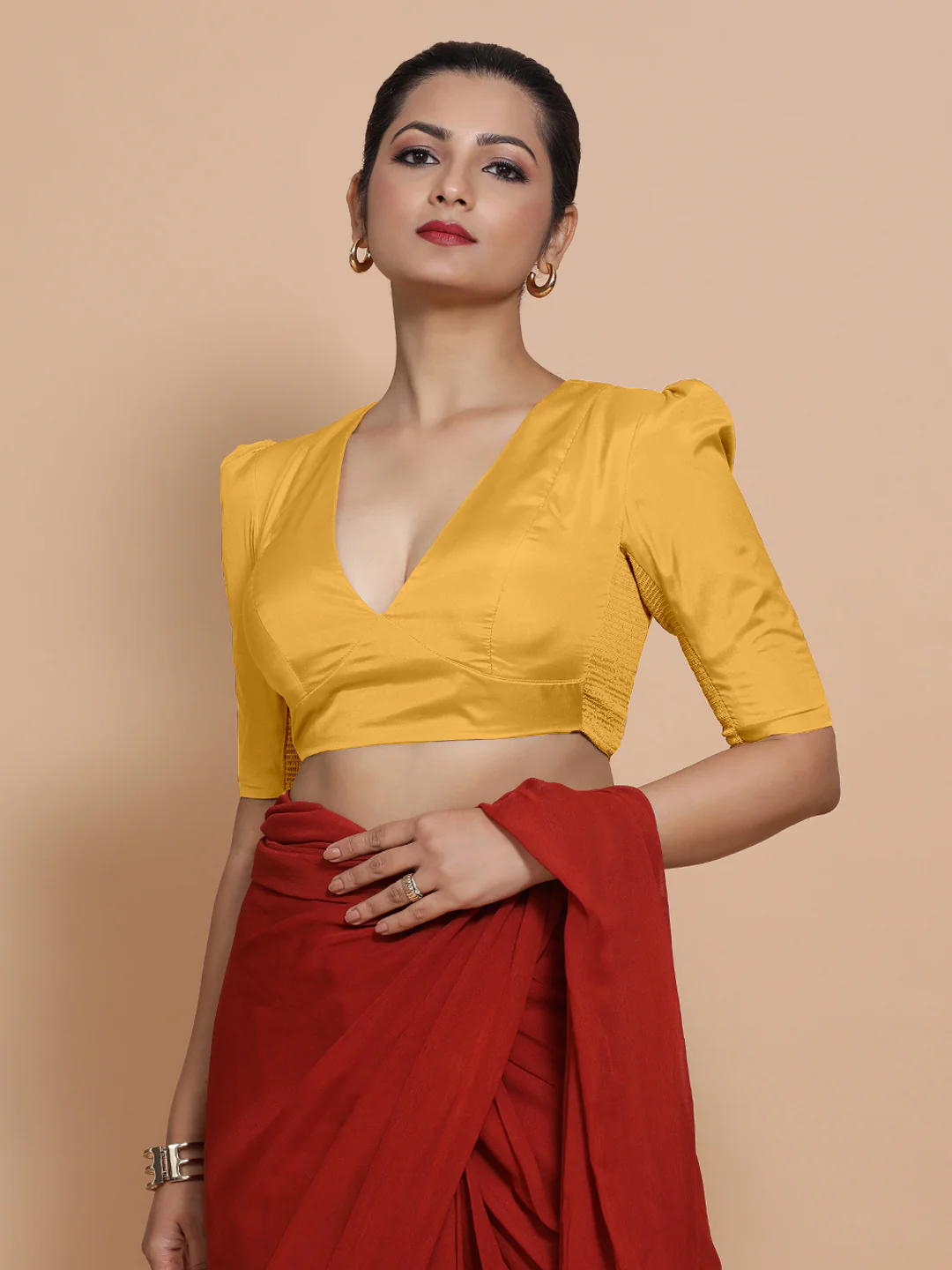 Pavani x Rozaana | Puff Sleeves Marigold Yellow FlexiFit™ Saree Blouse with V-Neck - Image 7