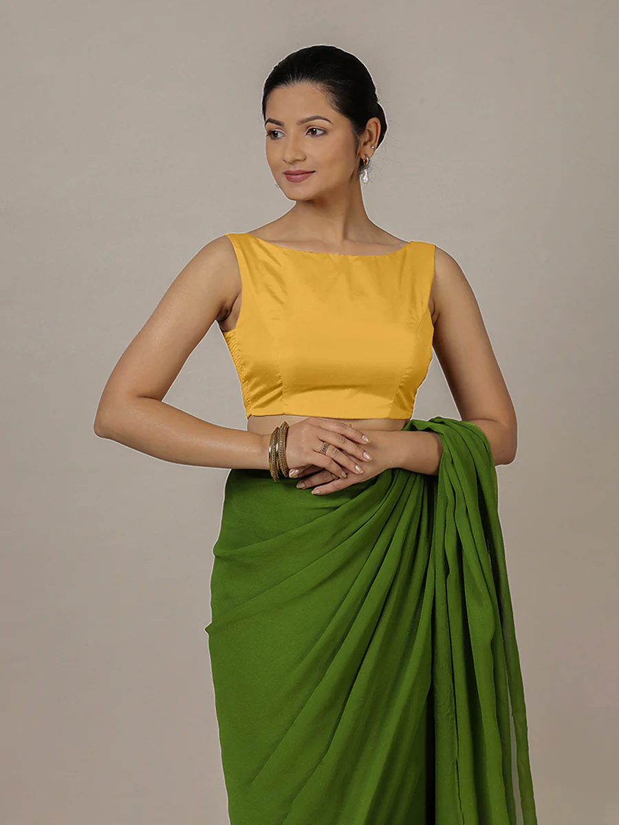 Sherry x Rozaana | Sleeveless Marigold Yellow FlexiFit™ Saree Blouse with Boat Neck - Image 4