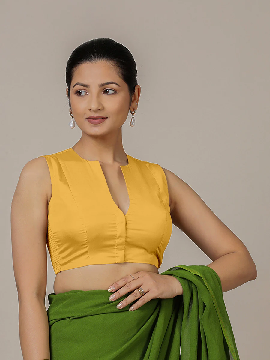 Veena x Rozaana | Sleeveless Marigold Yellow FlexiFit™ Saree Blouse with Curved V-Neck - Image 4