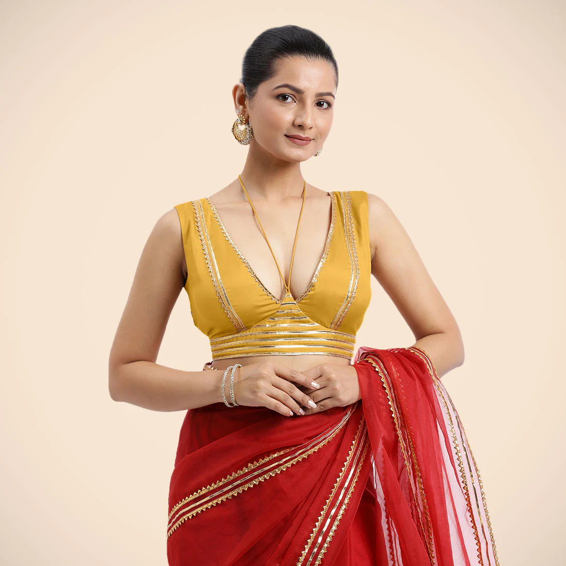 Ahana x Tyohaar | Sleeveless Marigold Yellow FlexiFit™ Gota Embellished Saree Blouse with Tie-Up Neck - Image 5