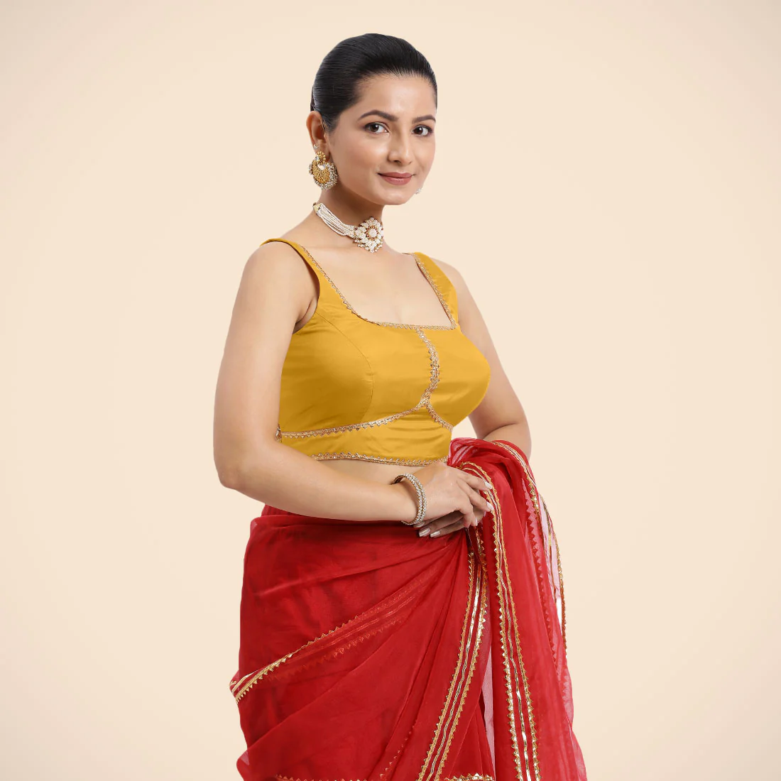 Arya x Tyohaar | Sleeveless Marigold Yellow FlexiFit™ Gota Embellished Saree Blouse with Square Neck - Image 11