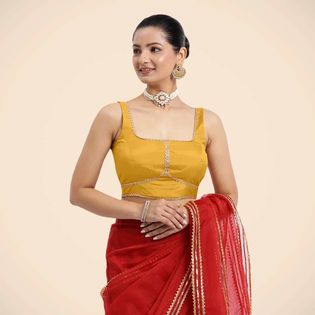 Arya x Tyohaar | Sleeveless Marigold Yellow FlexiFit™ Gota Embellished Saree Blouse with Square Neck - Image 8