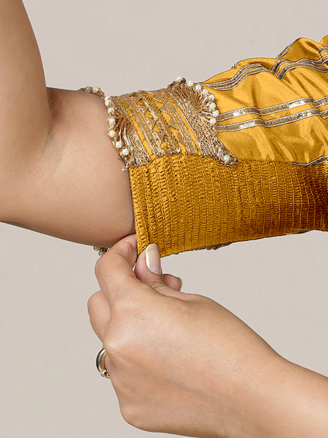 Aziza x Tyohaar | Elbow Sleeves Marigold Yellow FlexiFit™ Gota Embellished Saree Blouse with Square Neck - Image 5