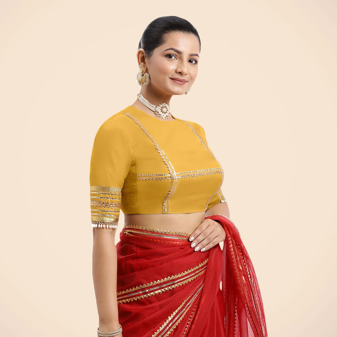 Farheen x Tyohaar | Elbow Sleeves Marigold Yellow FlexiFit™ Gota Embellished Saree Blouse with Jewel Neck - Image 11