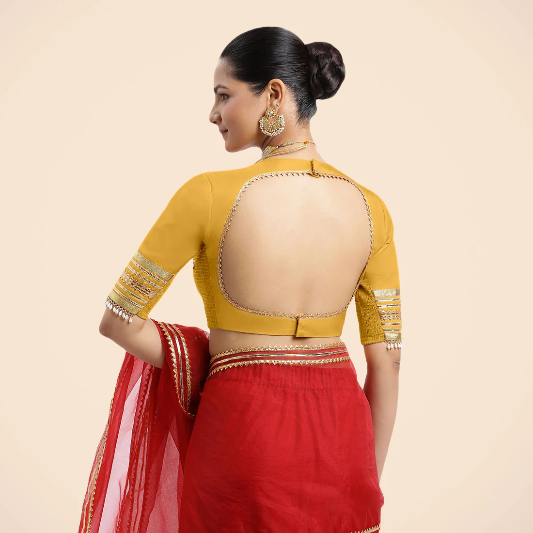 Farheen x Tyohaar | Elbow Sleeves Marigold Yellow FlexiFit™ Gota Embellished Saree Blouse with Jewel Neck - Image 12