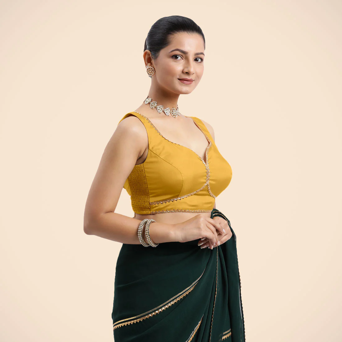 Ishika x Tyohaar | Sleeveless Marigold Yellow FlexiFit™ Gota Embellished Saree Blouse with Sweetheart Neck - Image 12