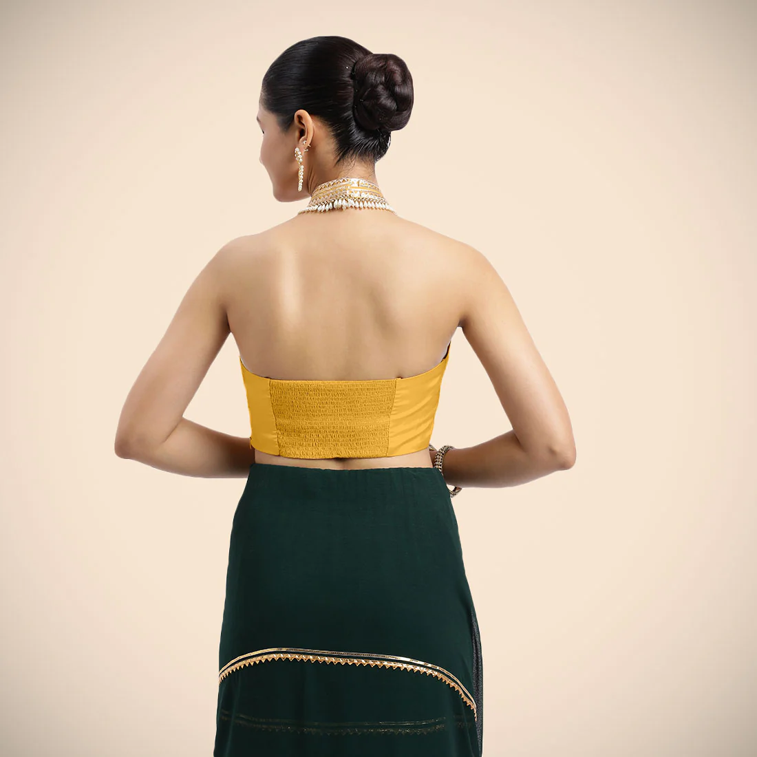 Laila x Tyohaar | Sleeveless Marigold Yellow FlexiFit™ Gota Embellished Saree Blouse with Halter Neck - Image 2