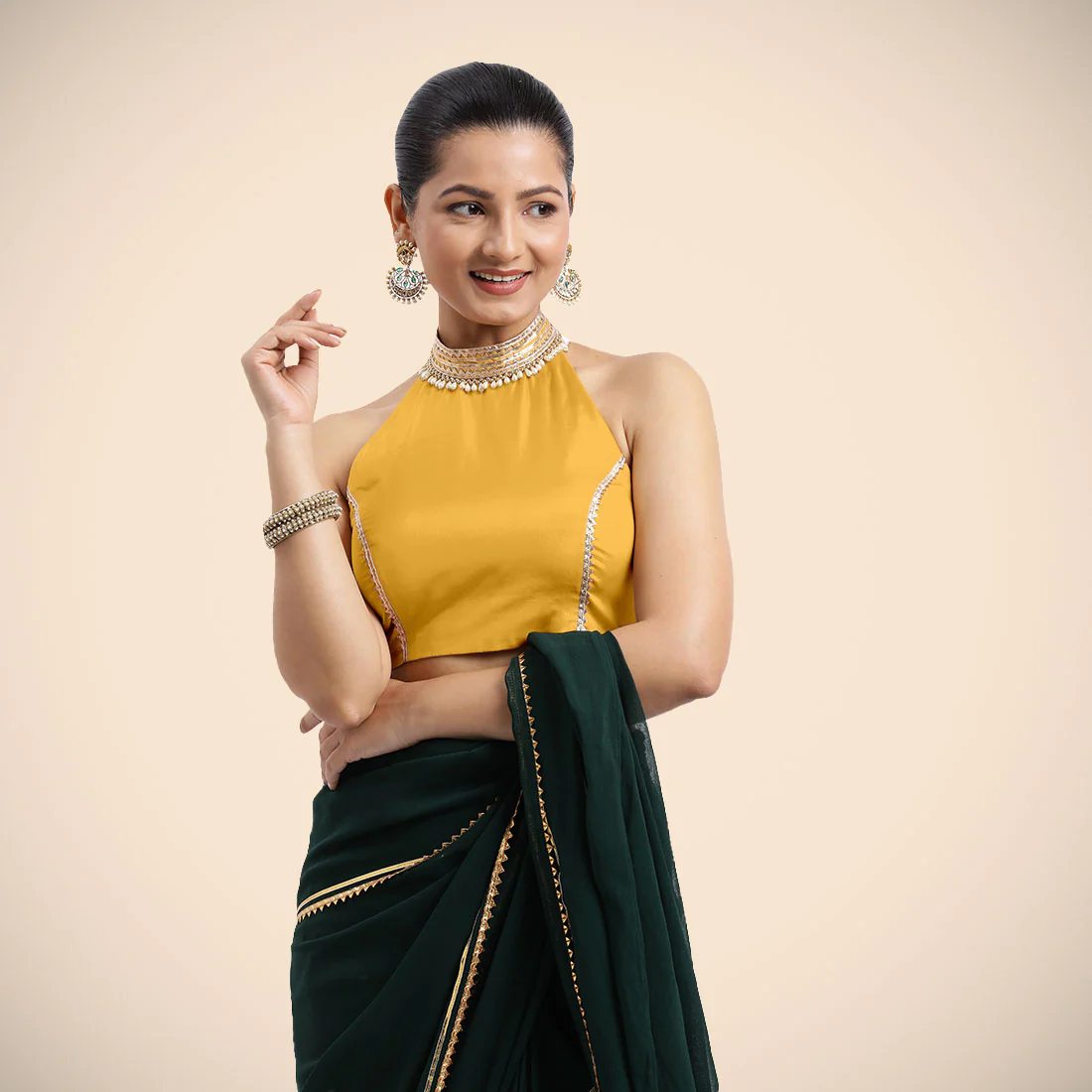 Laila x Tyohaar | Sleeveless Marigold Yellow FlexiFit™ Gota Embellished Saree Blouse with Halter Neck - Image 7