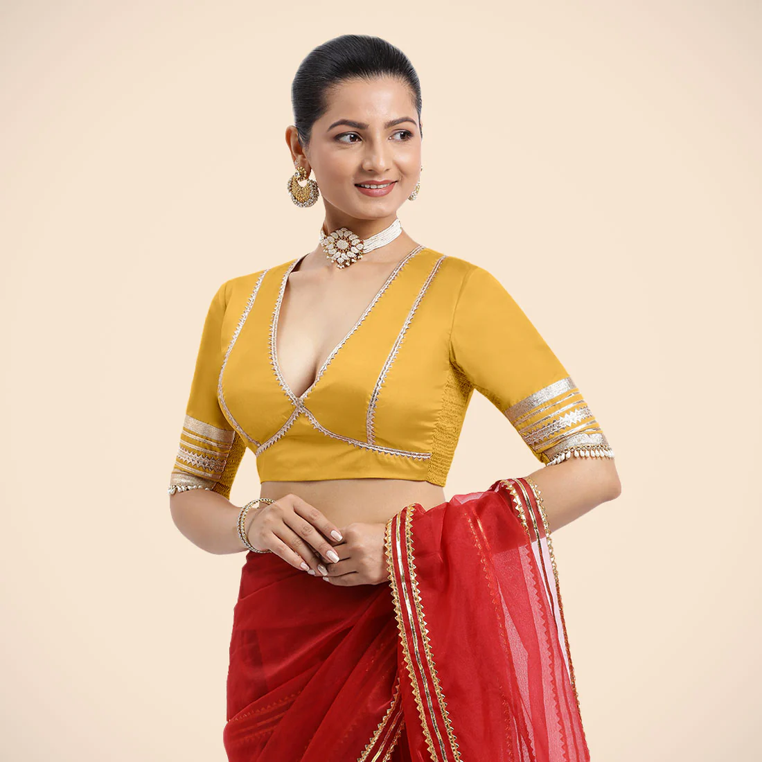 Nafeeza x Tyohaar | Elbow Sleeves Marigold Yellow FlexiFit™ Gota Embellished Saree Blouse with Plunging V-Neck - Image 10