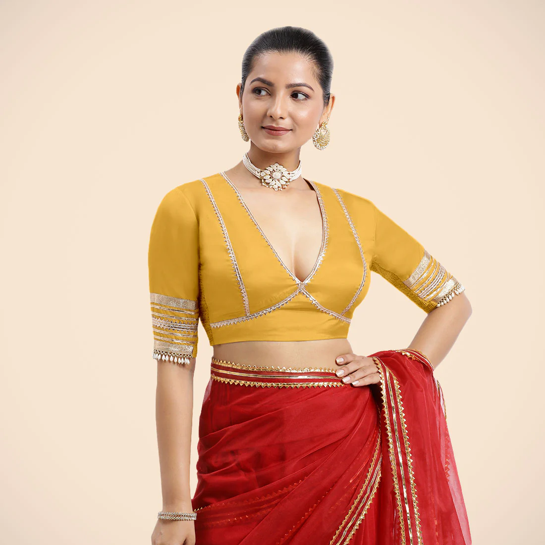 Nafeeza x Tyohaar | Elbow Sleeves Marigold Yellow FlexiFit™ Gota Embellished Saree Blouse with Plunging V-Neck - Image 11