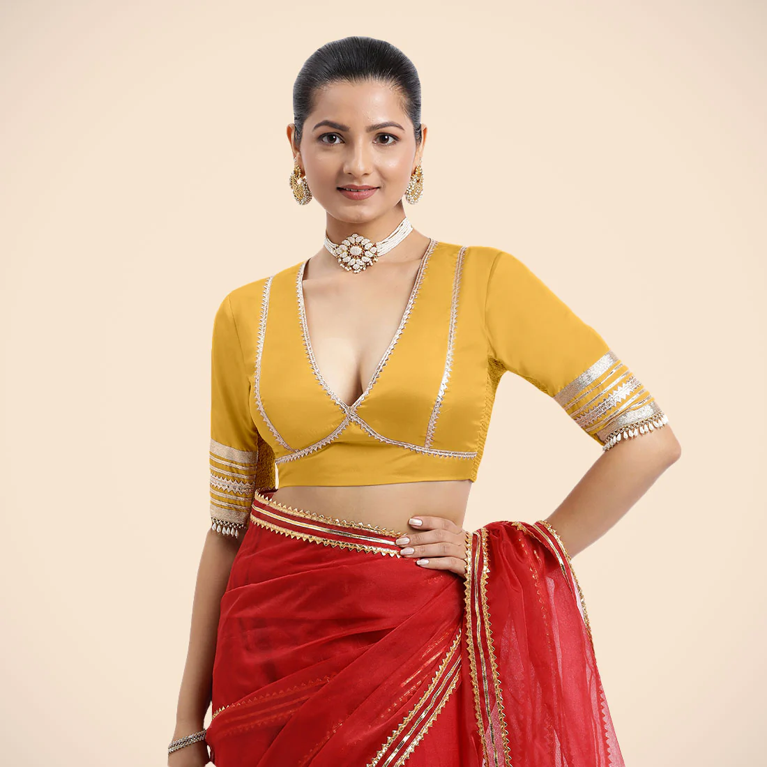 Nafeeza x Tyohaar | Elbow Sleeves Marigold Yellow FlexiFit™ Gota Embellished Saree Blouse with Plunging V-Neck - Image 12