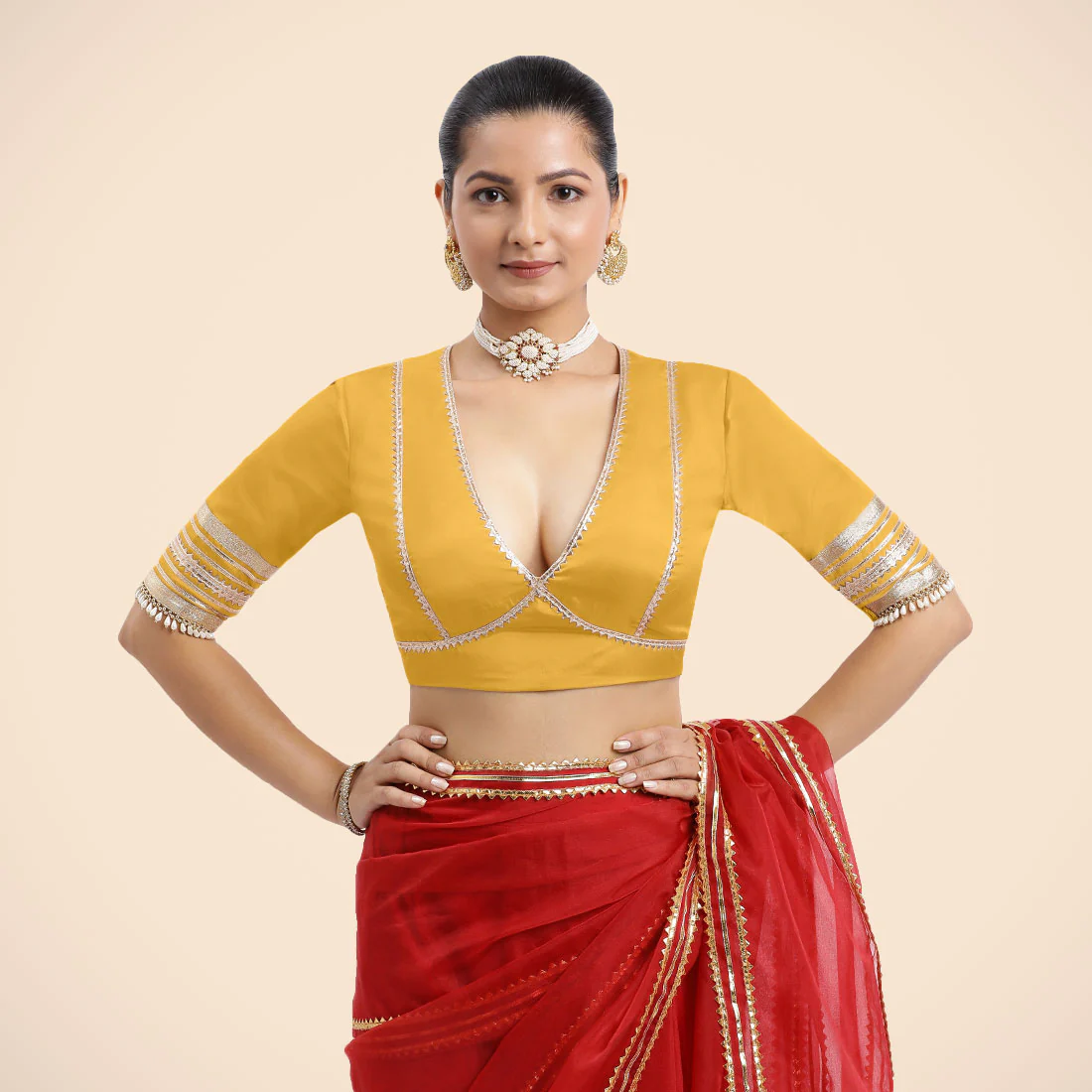 Nafeeza x Tyohaar | Elbow Sleeves Marigold Yellow FlexiFit™ Gota Embellished Saree Blouse with Plunging V-Neck - Image 14