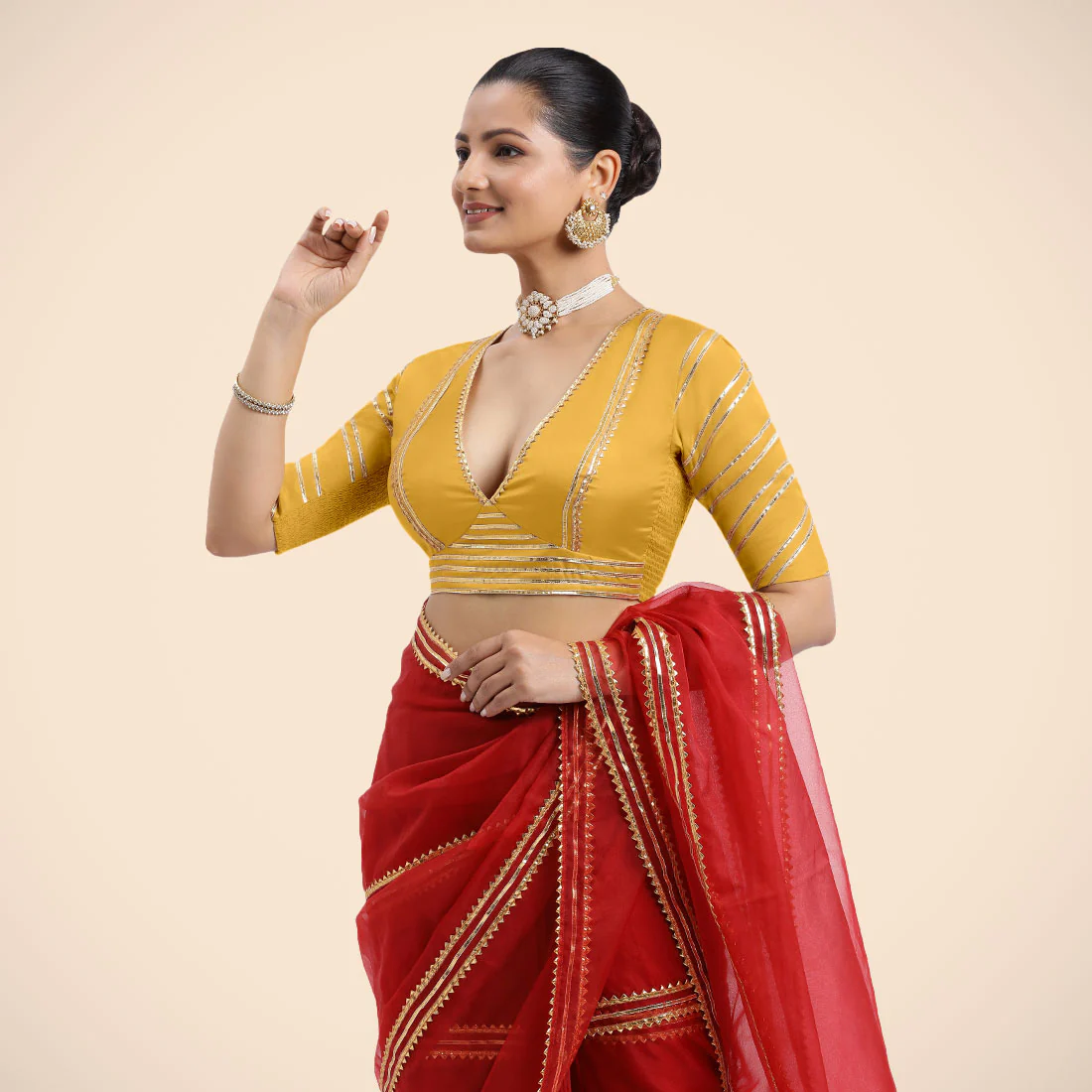 Navya x Tyohaar | Elbow Sleeves Marigold Yellow FlexiFit™ Gota Embellished Saree Blouse with Plunging V-Neck