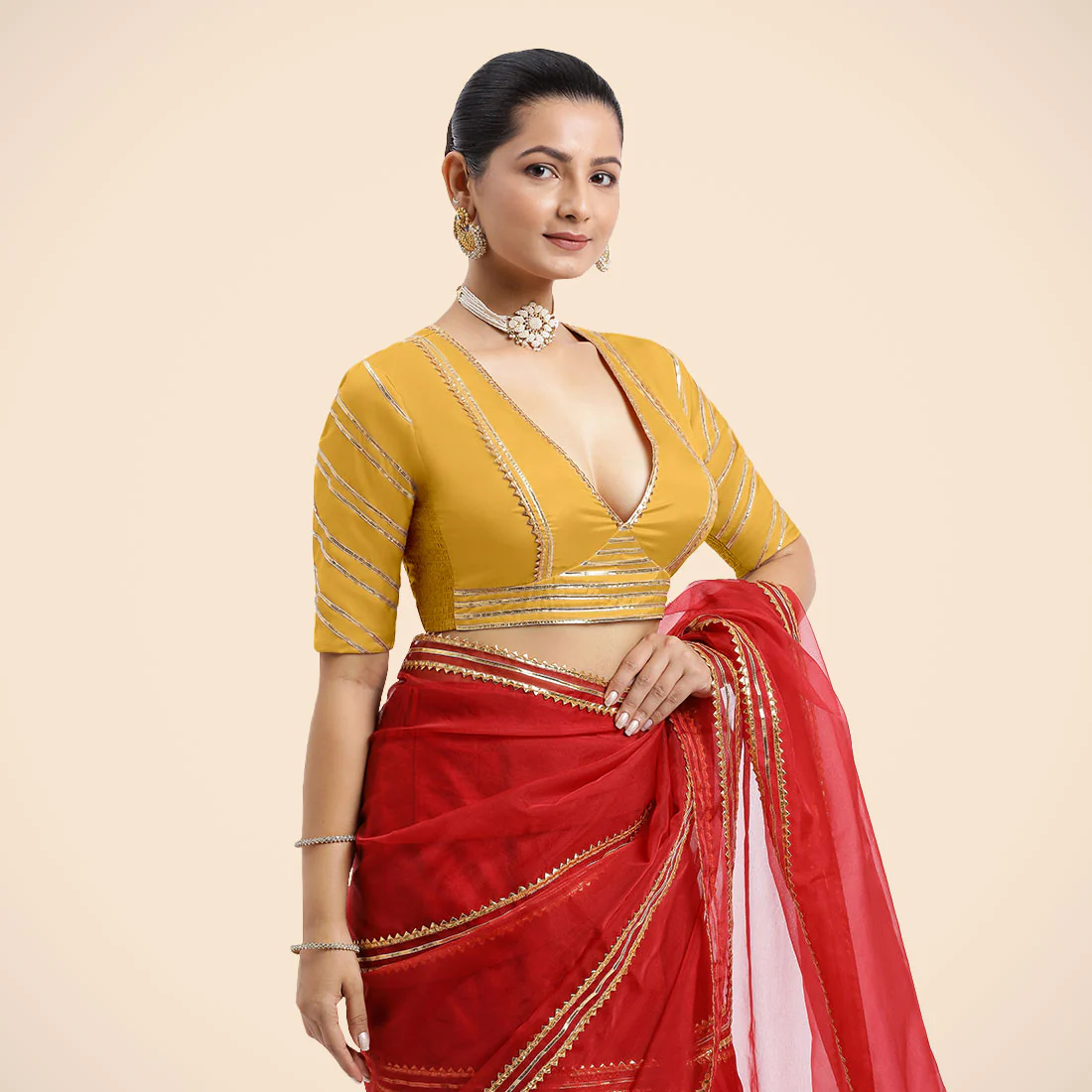 Navya x Tyohaar | Elbow Sleeves Marigold Yellow FlexiFit™ Gota Embellished Saree Blouse with Plunging V-Neck - Image 12